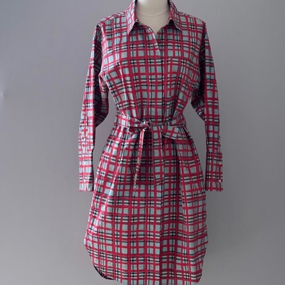 Burberry Red Blue Tartan Plaid Check Tie-Waist Shirt Dress - Picture 2 of 13
